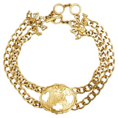 Pre-owned Christian Lacroix Vintage Rare Gold Cross Oval Heart Logo Double Layers Necklace In Multi
