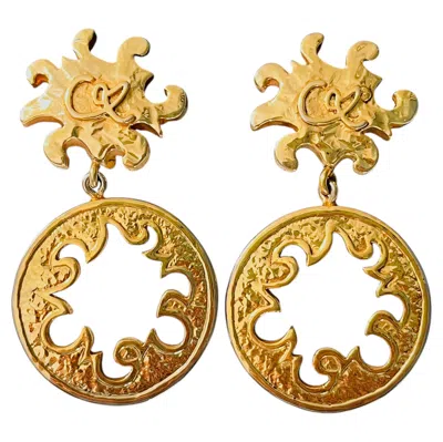 Pre-owned Christian Lacroix Vintage Rare Gold Double Fire Flame Sun Circle Drop Earrings In Red