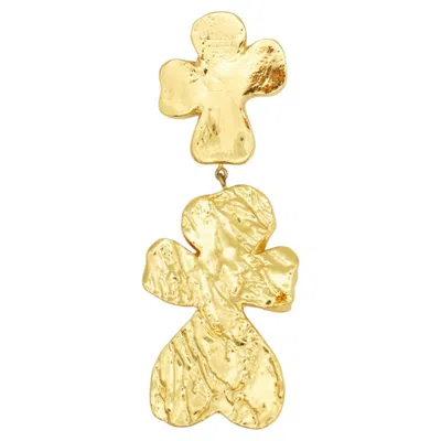Pre-owned Christian Lacroix Vintage Rare Gold Huge Cross Hammered Lava Double Heart Brooch In Red