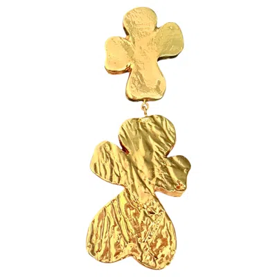 Pre-owned Christian Lacroix Vintage Rare Huge Gold Cross Hammered Lava Double Heart Brooch In Red