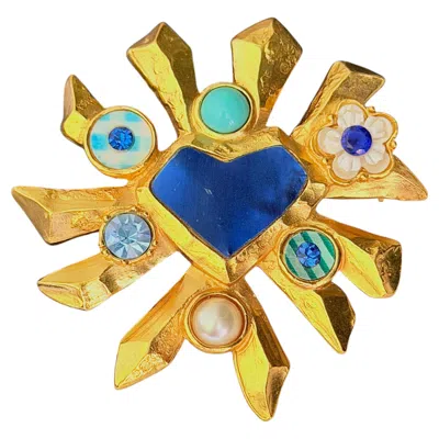 Pre-owned Christian Lacroix Vintage Rare Sunburst Blue Turquoise Pearl Statement Brooch