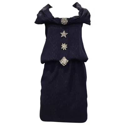 Pre-owned Christian Lacroix Vintage Silk Matelasse Off Shoulder Dress With Rhinestones In Black
