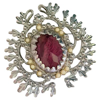 Pre-owned Christian Lacroix Vintage Silver Mauve Purple Crystal Wreath Leaf Brooch Pendant