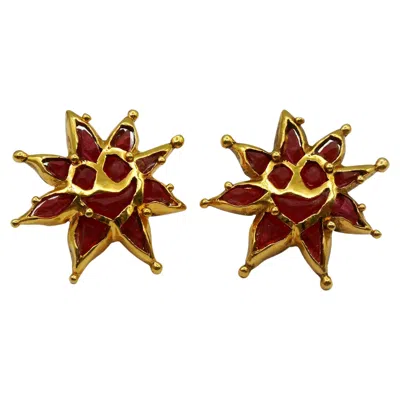 Pre-owned Christian Lacroix Vintage Sun Face Red Resin Clip-on Earrings
