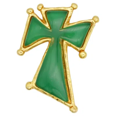 Pre-owned Christian Lacroix Vintage Unisex Rare Cross Gold Green Cabochon Jelly Brooch