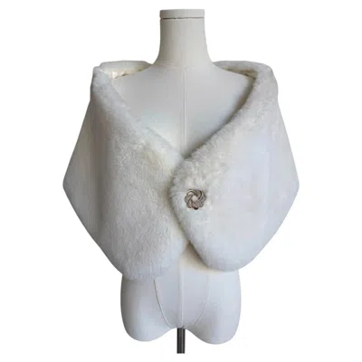 Pre-owned Christian Lacroix Vintage White Faux Fur Shawl With Jeweled Clasp