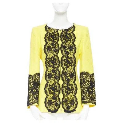 Pre-owned Christian Lacroix Yellow Cotton Floral Jacquard Black Lace Padded Jacket Fr40
