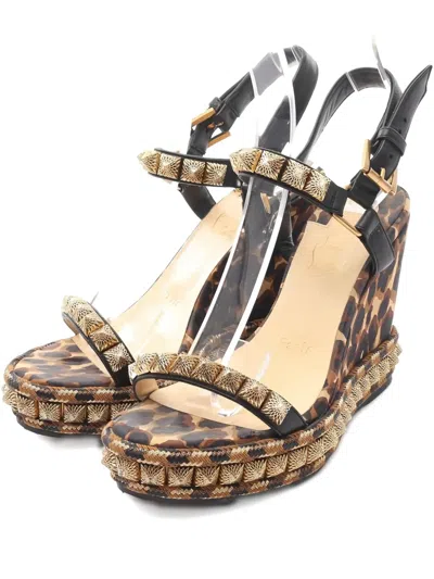 Pre-owned Christian Louboutin 00s 105mm Leopard-print Studded Sandals In Brown