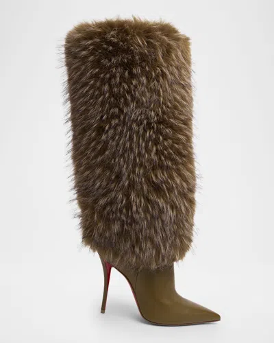 Christian Louboutin 100mm Yangzee Faux Fur Leather Knee-high Boots In Brown