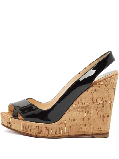 Pre-owned Christian Louboutin 110mm Patent-leather Cork Wedge Sandals In Black