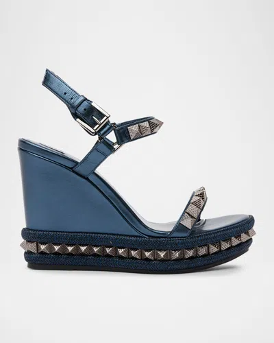 Christian Louboutin 110mm Pyraclou Metallic Leather Spike Wedge Sandals In Blue