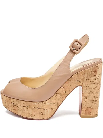 Pre-owned Christian Louboutin 120mm Cork Platform Sandals In Neutral