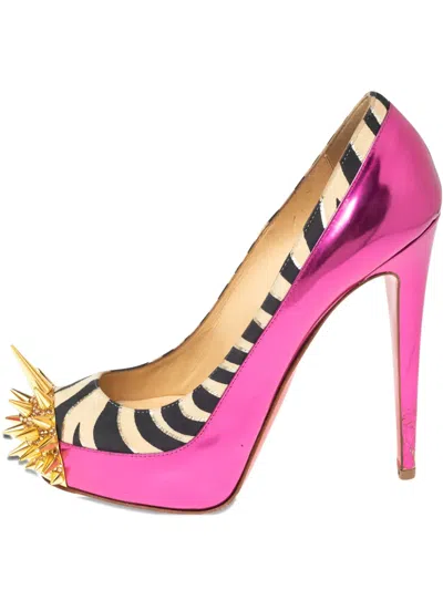 Pre-owned Christian Louboutin 135mm Spiked Zebra-print Pumps In Pink