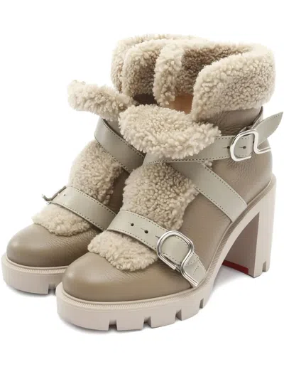 Pre-owned Christian Louboutin 2000s 90mm Shearling Strap Boots In Neutral
