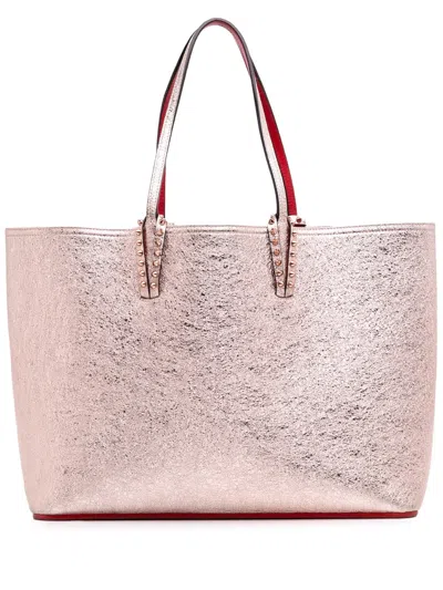 Pre-owned Christian Louboutin 2017-2025 Metallic Crinkled Calfskin Spike Cabata Tote Bag In Pink