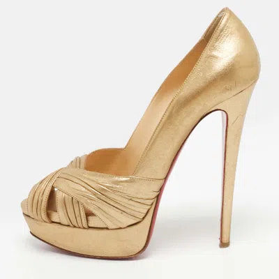 Pre-owned Christian Louboutin Aborina Size 39 Gold Leather Platform Pumps