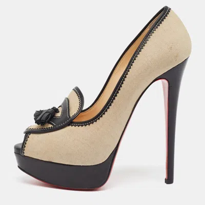 Pre-owned Christian Louboutin Alta Campus Size 38 Beige/black Canvas And Leather Platform Pumps In Sand