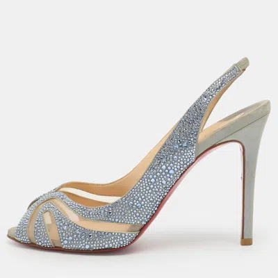 Pre-owned Christian Louboutin Alta Spina Strass Size 35.5 Grey/blue Suede And Mesh Slingback Sandals In Gray
