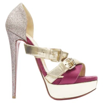 Pre-owned Christian Louboutin Ambertina 140 Gold Pink Glitter Buckle Strappy Platform Eu36