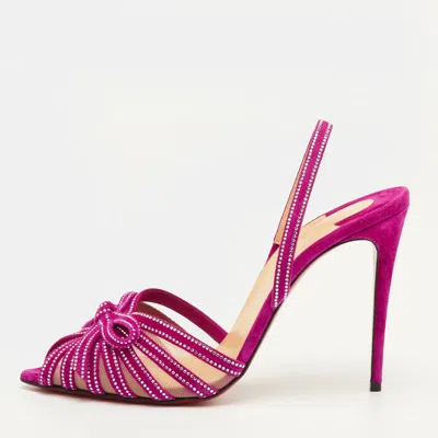 Pre-owned Christian Louboutin Araborda Size 37.5 Purple Suede And Mesh Crystal Slingback Sandals