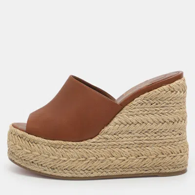 Pre-owned Christian Louboutin Ariella Zeppa Size 38 Brown Leather Wedge Espadrille Sandals