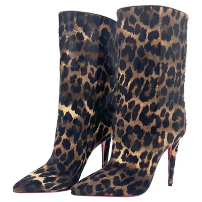 Pre-owned Christian Louboutin Astrilarge Booty 100 Pony Leopard Print Boots 38 In Black