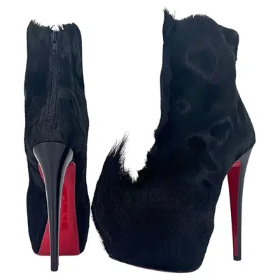 Pre-owned Christian Louboutin A/w 2011 Puck Booty Springbok Fur Platform Ankle Boots 36 In Black