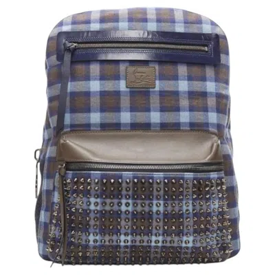 Pre-owned Christian Louboutin Backloubi Blue Brown Gingham Check Spike Stud Backpack Bag