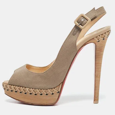 Pre-owned Christian Louboutin Beige Canvas Lady Indiana Slingback Sandals Size 38