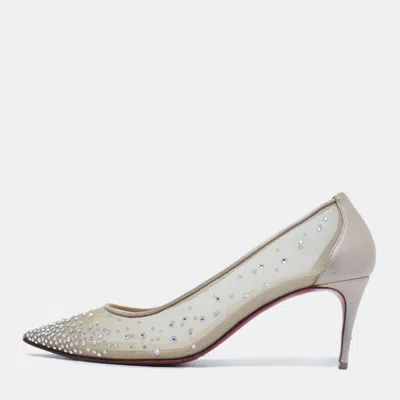 Pre-owned Christian Louboutin Beige Crystal Embellished Mesh And Leather Follies Strass Pumps Size 38.5 In Sand