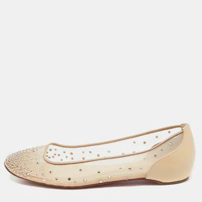 Pre-owned Christian Louboutin Beige Crystal Embellished Mesh Square Toe Ballet Flats Size 38.5