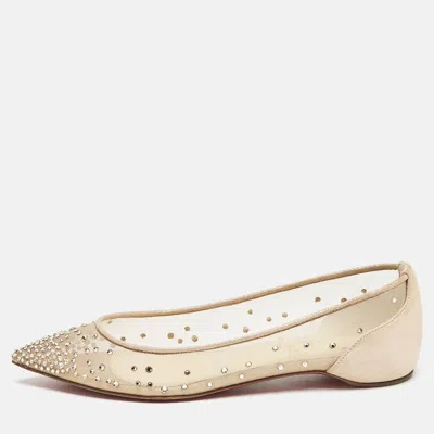 Pre-owned Christian Louboutin Beige Embellished Mesh Follies Strass Pointed Toe Ballet Flats Size 34.5