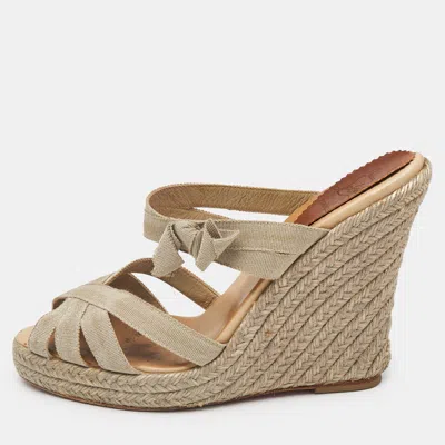 Pre-owned Christian Louboutin Beige Fabric Delfin Espadrille Wedge Sandals Size 39