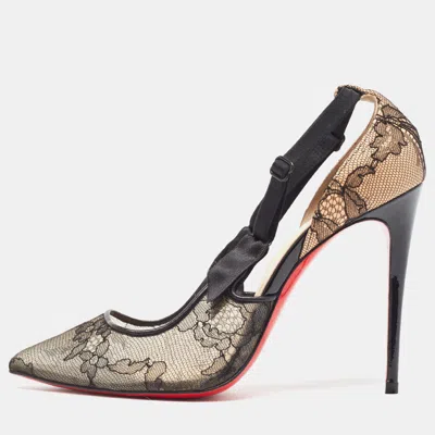 Pre-owned Christian Louboutin Beige Lace And Mesh Hot Jeanbi 100 Pumps Size 38.5 In Black