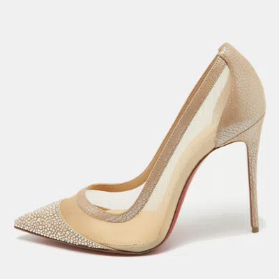 Pre-owned Christian Louboutin Beige Laminated Suede And Mesh Galativi Strass Pumps Size 39.5