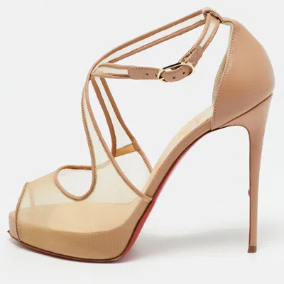 Pre-owned Christian Louboutin Beige Leather And Mesh Mariacar Peep Toe Pumps Size 38.5 In Sand