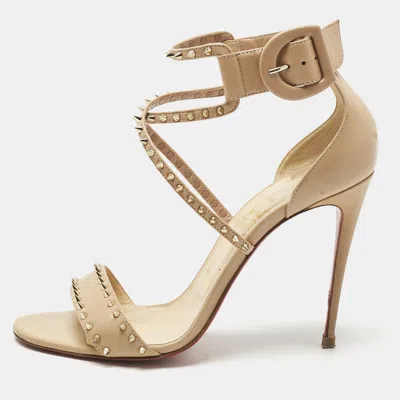 Pre-owned Christian Louboutin Beige Leather Spike Choca Lux Sandals Size 39.5