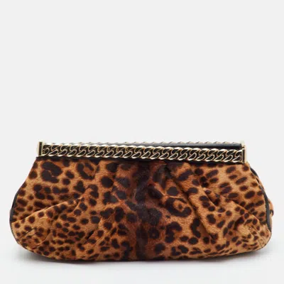 Pre-owned Christian Louboutin Beige Leopard Calf Hair And Patent Leather Clutch In Sand