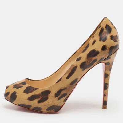 Pre-owned Christian Louboutin Beige Leopard Print Patent Leather Ron Ron Peep Toe Pumps Size 39.5