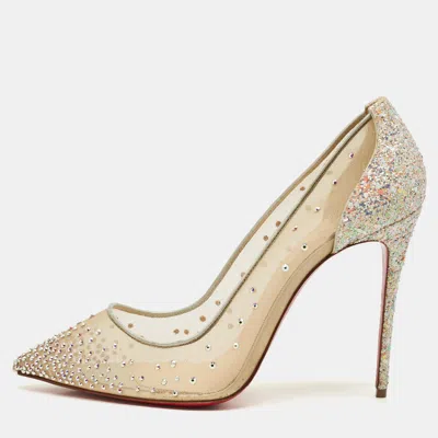Pre-owned Christian Louboutin Beige Mesh And Glitter Follies Strass Pumps Size 41.5