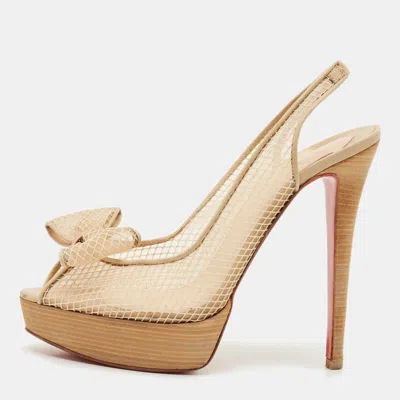 Pre-owned Christian Louboutin Beige Mesh And Leather Bow Slingback Pumps Size 39 In Sand