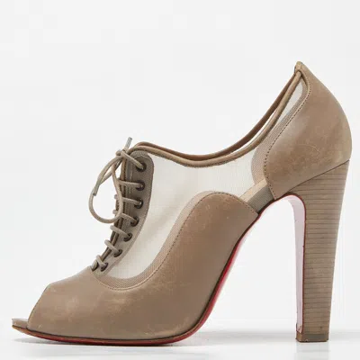 Pre-owned Christian Louboutin Beige Mesh And Leather Flannel Lady Peep Toe Lace Up Oxford Booties Size 38.5