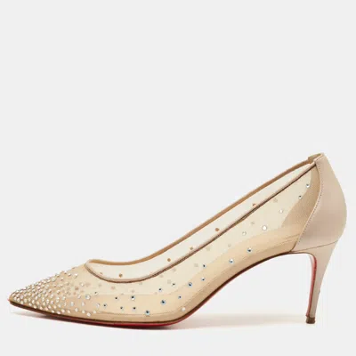 Pre-owned Christian Louboutin Beige Mesh And Leather Follies Strass Pointed Toe Pumps Size 39