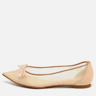 Pre-owned Christian Louboutin Beige Mesh And Patent Leather Bow Pointed Toe Ballet Flats Size 38 In Sand