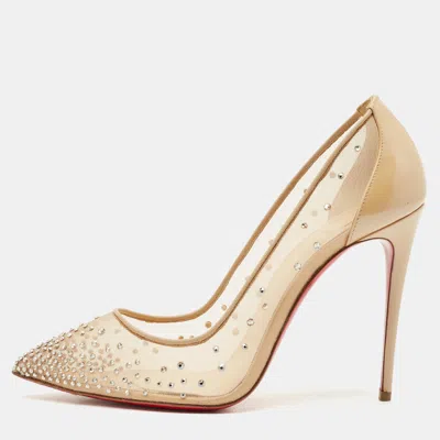 Pre-owned Christian Louboutin Beige Mesh And Patent Leather Follies Strass Pumps Size 39.5