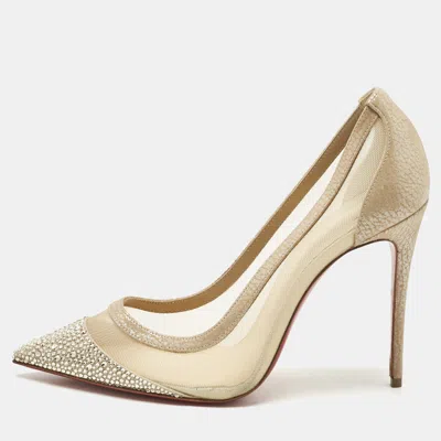 Pre-owned Christian Louboutin Beige Mesh And Suede Embellished Galativi Strass Pumps Size 38 In Sand