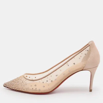 Pre-owned Christian Louboutin Beige Mesh And Suede Follies Strass Pointed Toe Pumps Size 37 In Sand