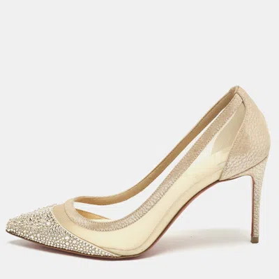 Pre-owned Christian Louboutin Beige Mesh And Suede Galativi Follies Strass Pumps Size 36