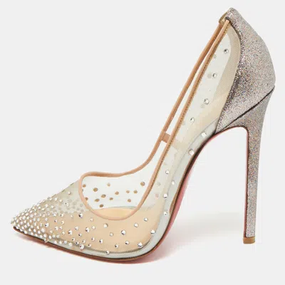 Pre-owned Christian Louboutin Beige Mesh Glitter And Leather Follies Strass Pumps Size 39 In Sand
