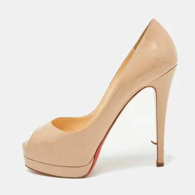 Pre-owned Christian Louboutin Beige Patent Leather Altadama Platform Peep Toe Pumps Size 38.5